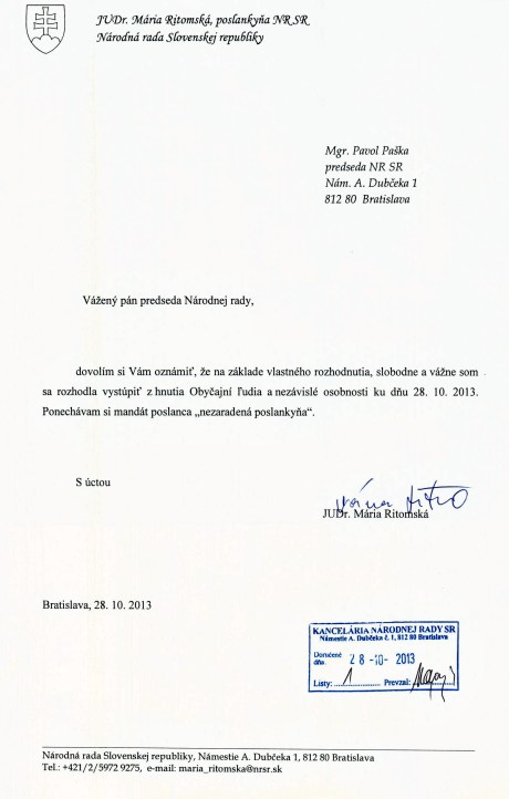 JUDr. Mária Ritomská, poslankyna NR SR, odišla z hnutia OLaNO 28.10.2013 